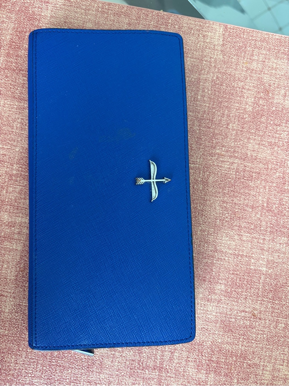 Pour La Victoire Indigo Saffiano Long Wallet with Arrow Emblem